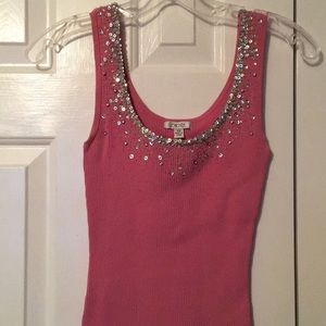 Pink ribbed top with sequins around neck